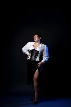 Leather Underbust Cincher; Slim Stripes in Black with White
