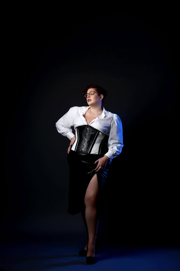 Leather Underbust Cincher; Slim Stripes in Black with White