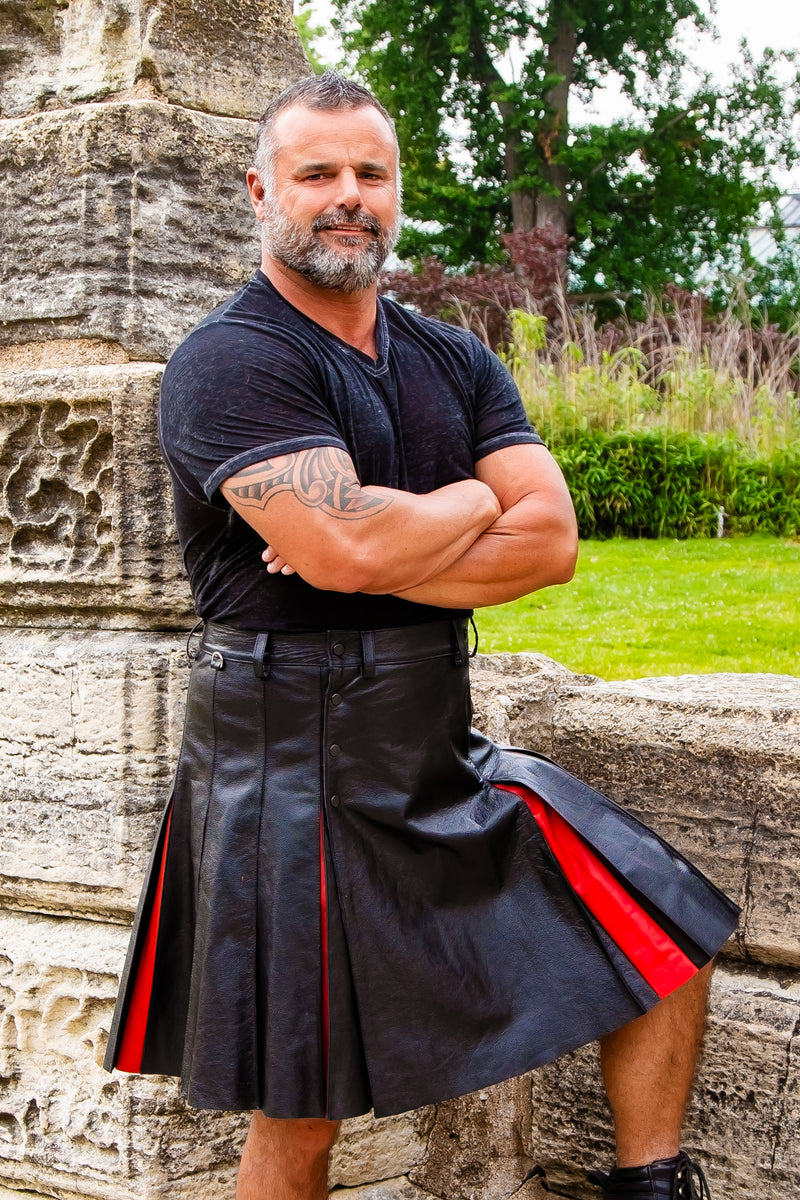 Men's Leather Kilt in Black & Red