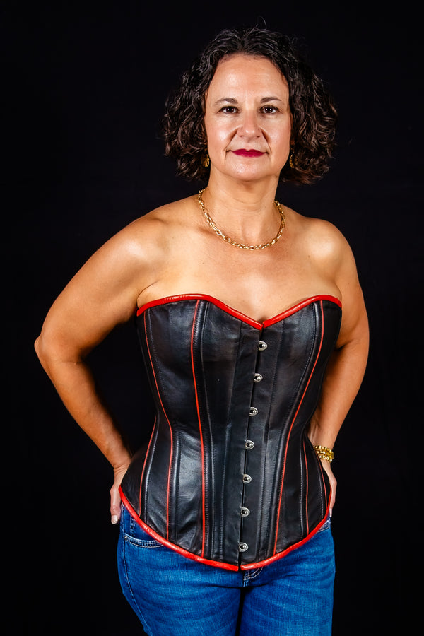 Leather Overbust Corset; Piping Series - Black with Red Piping