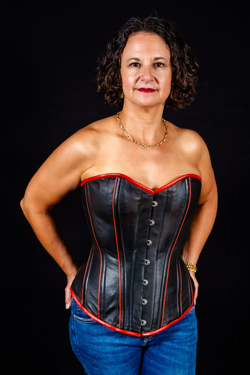 Leather Overbust Corset; Piping Series - Black with Red Piping