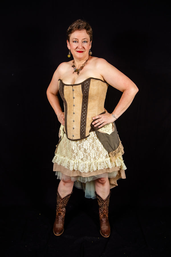 Leather Overbust Corset; Studded Beauty in Brown Suede