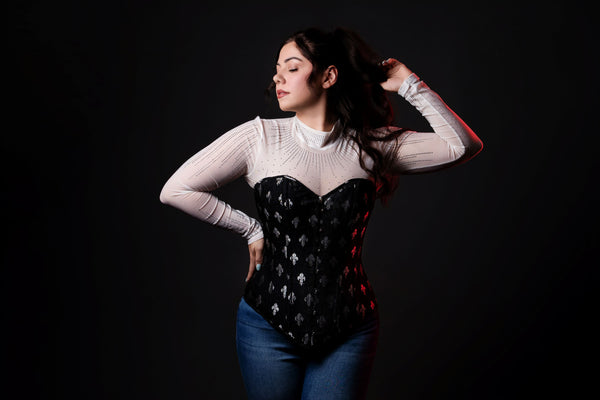 Silk Overbust Corset; Black & Silver Fleur de Lis