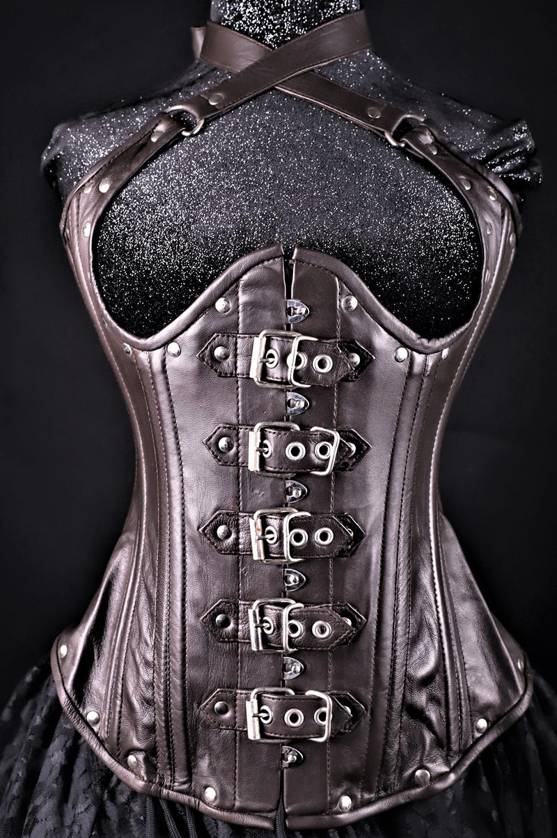 Buckle Halter Brown Leather Corset Underbust