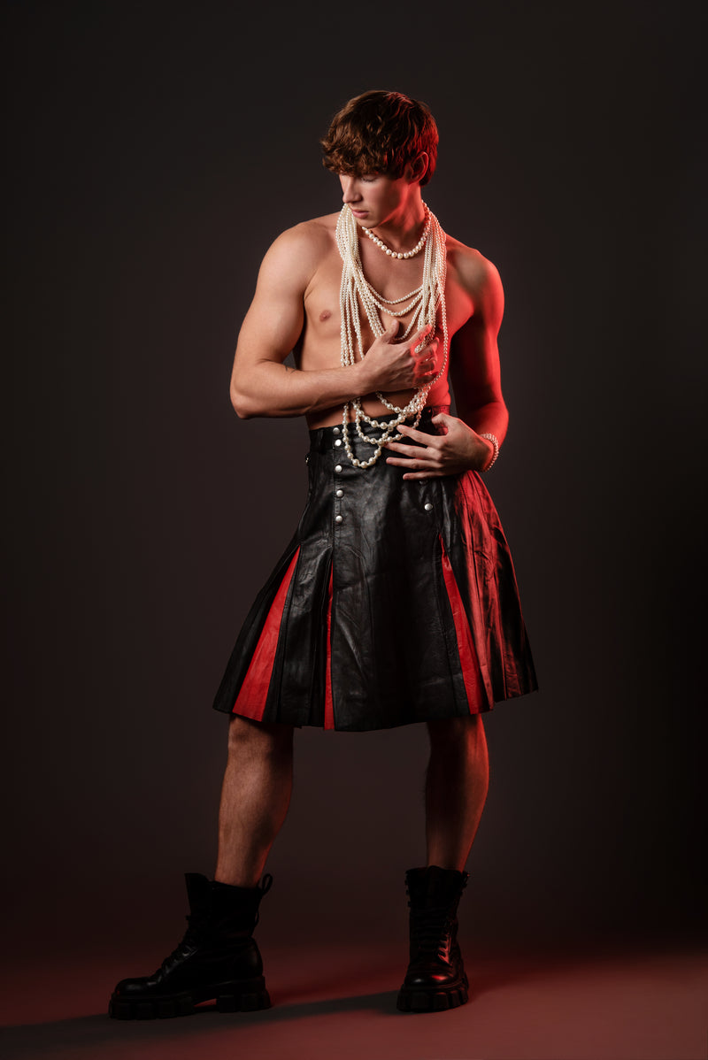 Men's Leather Kilt in Black & Red
