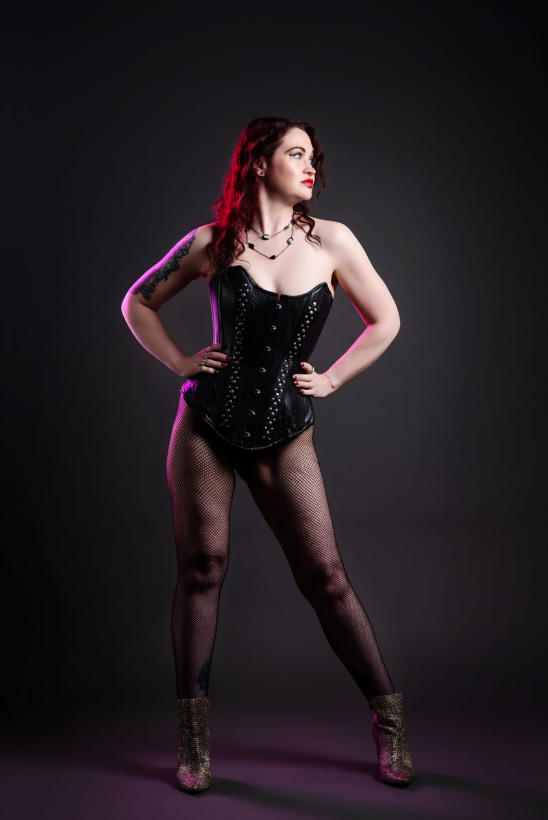 Leather Overbust Corset; Studded Beauty in Black