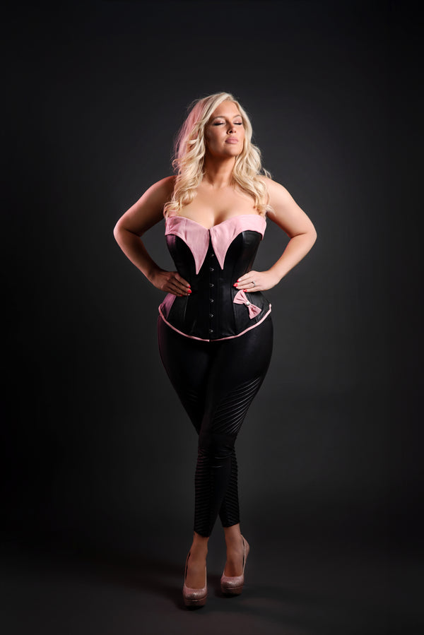Leather Overbust Corset; Pin-Up Girl in Black with Pink