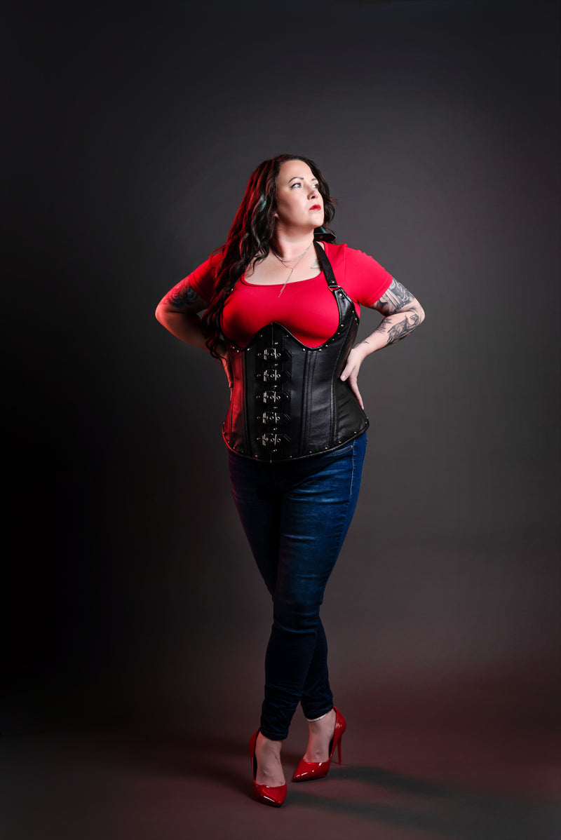 Leather Underbust Corset; Buckle Halter in Black