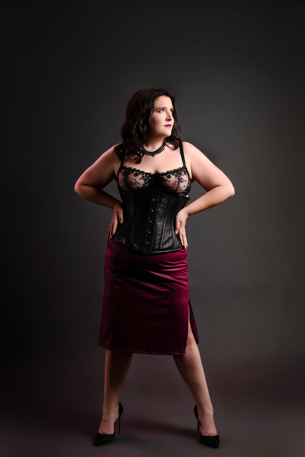 Leather Underbust Cincher; Striped in Black on Black