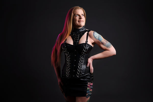 Leather Overbust Corset; D Rings with a removable Neck Piece in all Black