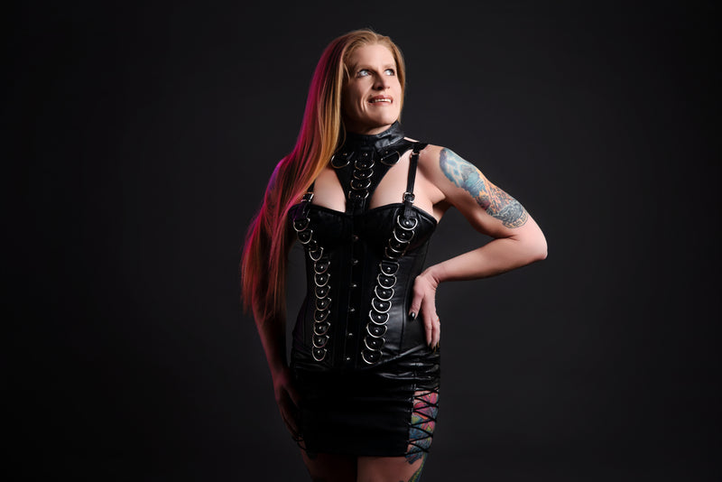 Leather Overbust Corset; D Rings with a removable Neck Piece in all Black