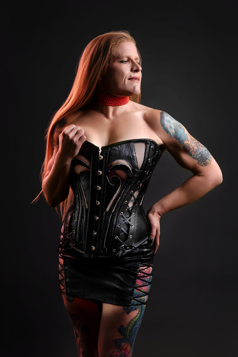 Leather Overbust Corset; Leather and Lace in Black