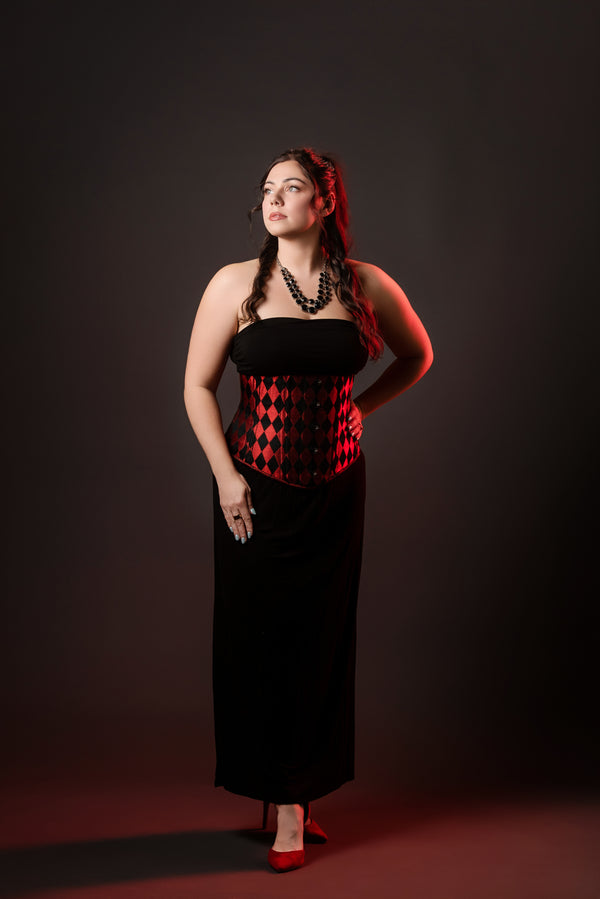 Silk Underbust Cincher; Harlequin in Black & Red