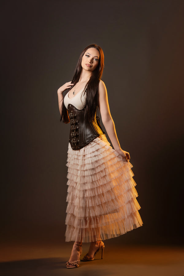 Leather Underbust Corset; Buckle Halter in Brown