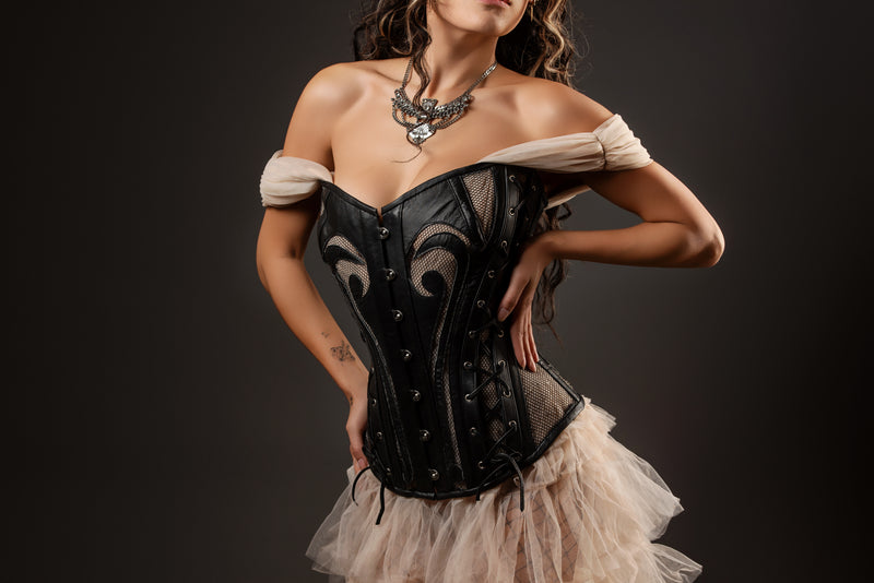 Leather Overbust Corset; Leather and Lace in Black