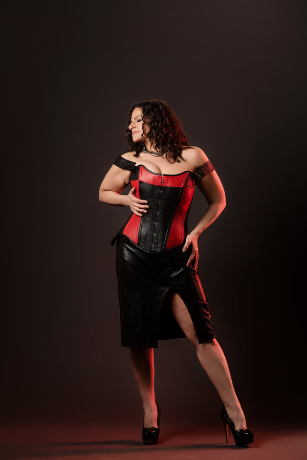 Leather Overbust Corset; Tulip in Black & Red