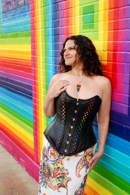 Leather Overbust Corset; Studded Rainbow
