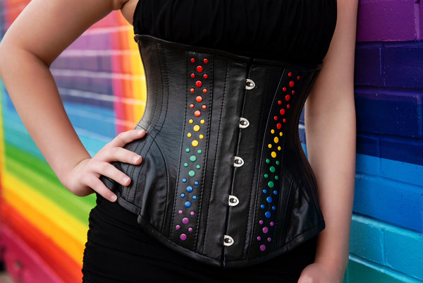 Leather Underbust Corset; Studded Rainbow