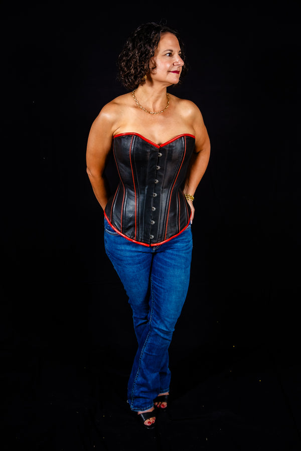 Leather Overbust Corset; Piping Series - Black with Red Piping