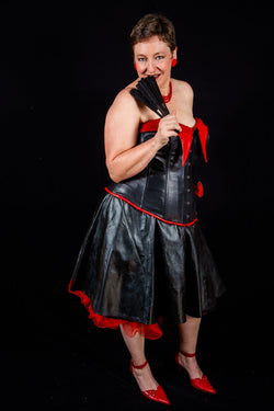 Leather Overbust Corset; Pin-Up Girl in Black with Red Overbust