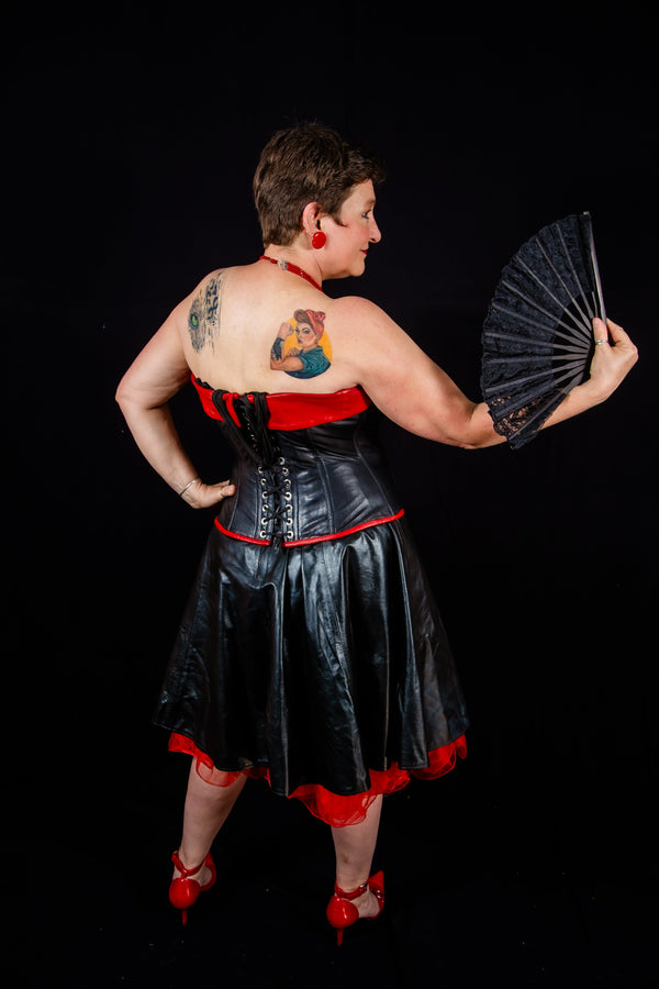 Leather Overbust Corset; Pin-Up Girl in Black with Red Overbust