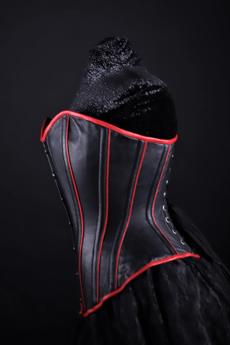 Piping Leather Corset Black W/ Red Overbust