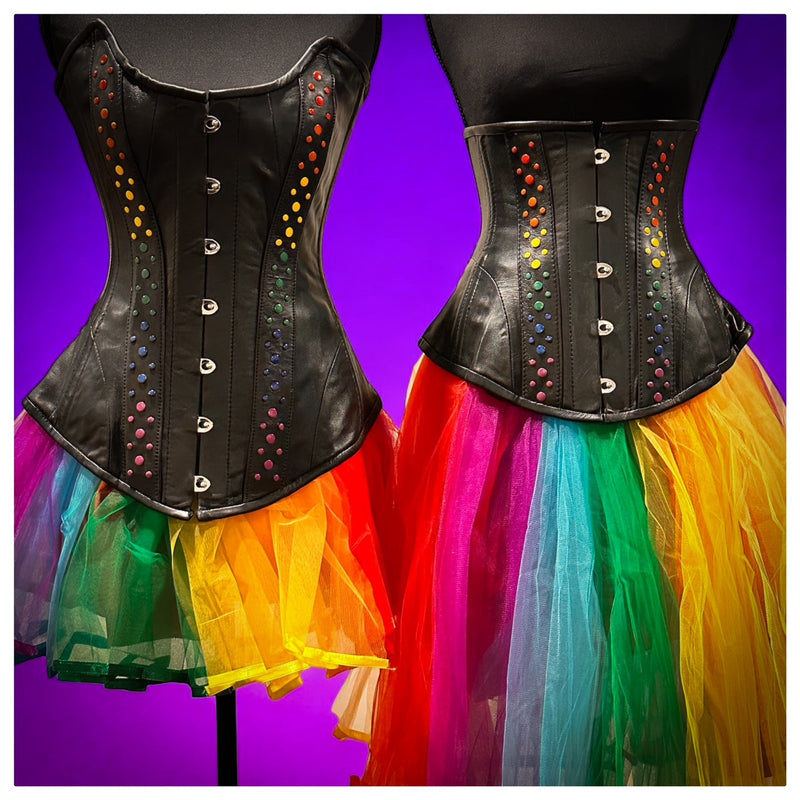 Leather Overbust Corset; Studded Rainbow Overbust