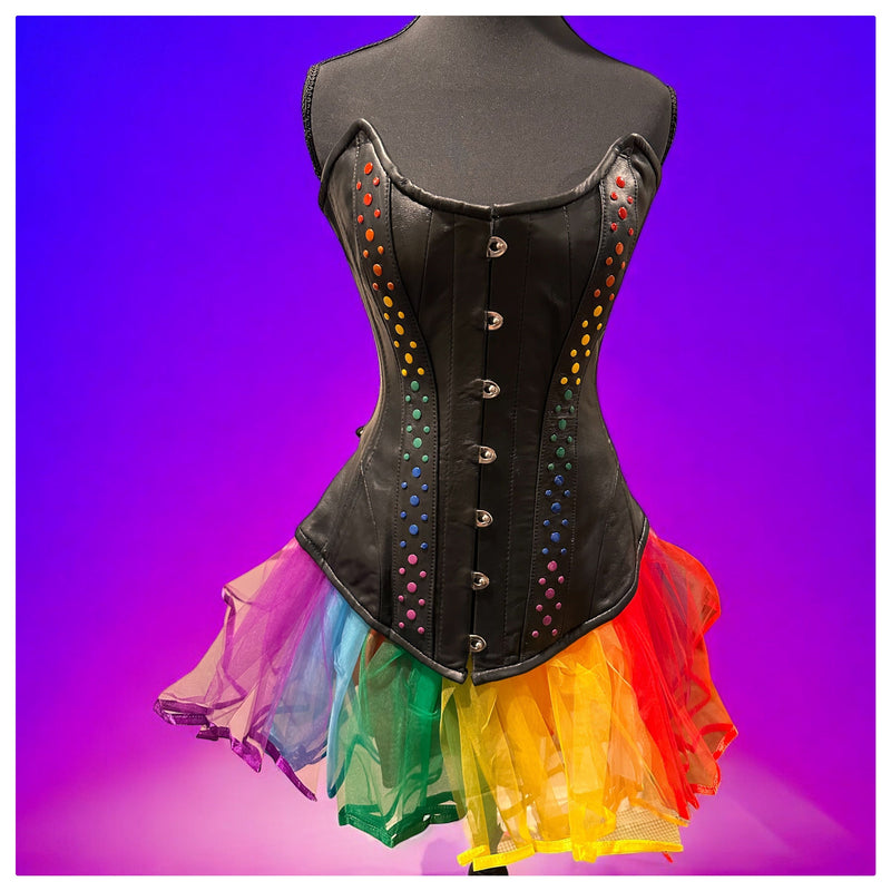 Leather Overbust Corset; Studded Rainbow Overbust