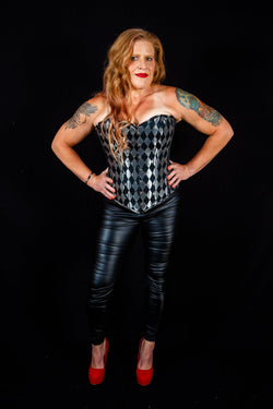 Silk Overbust Corset; Harlequin in Black & Silver Overbust