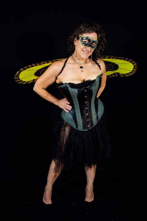 Leather Overbust Corset; Studded Beauty in Black & Grey Overbust