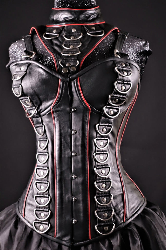 Leather Black D-Ring With Red Piping And Collar Overbust
