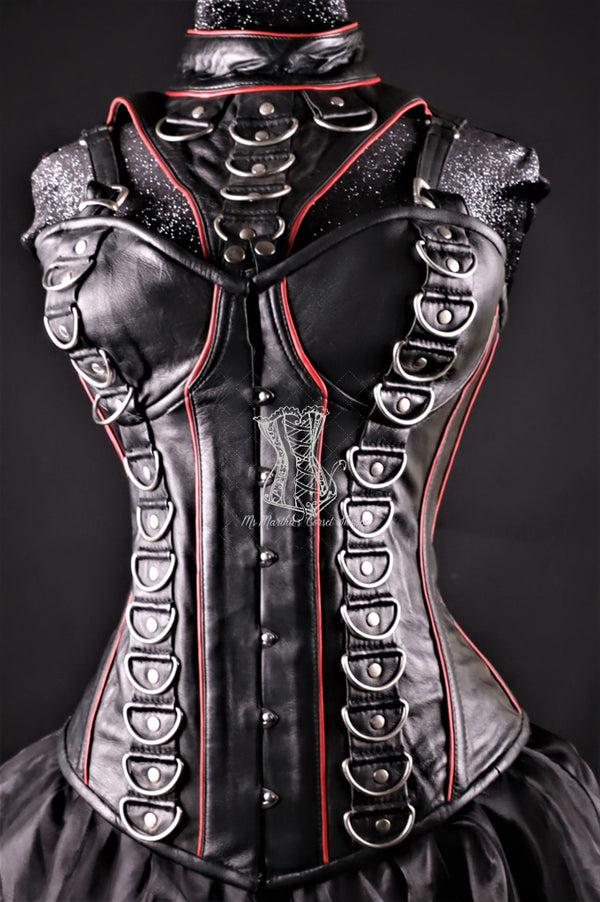 Leather Black D-Ring With Red Piping And Collar Overbust