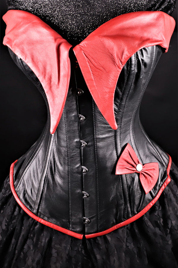 Pin-Up Girl Black And Red Leather Corset Overbust