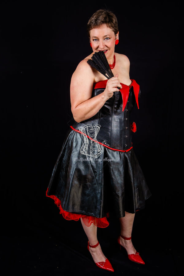 Leather Overbust Corset; Pin-Up Girl in Black with Red Overbust