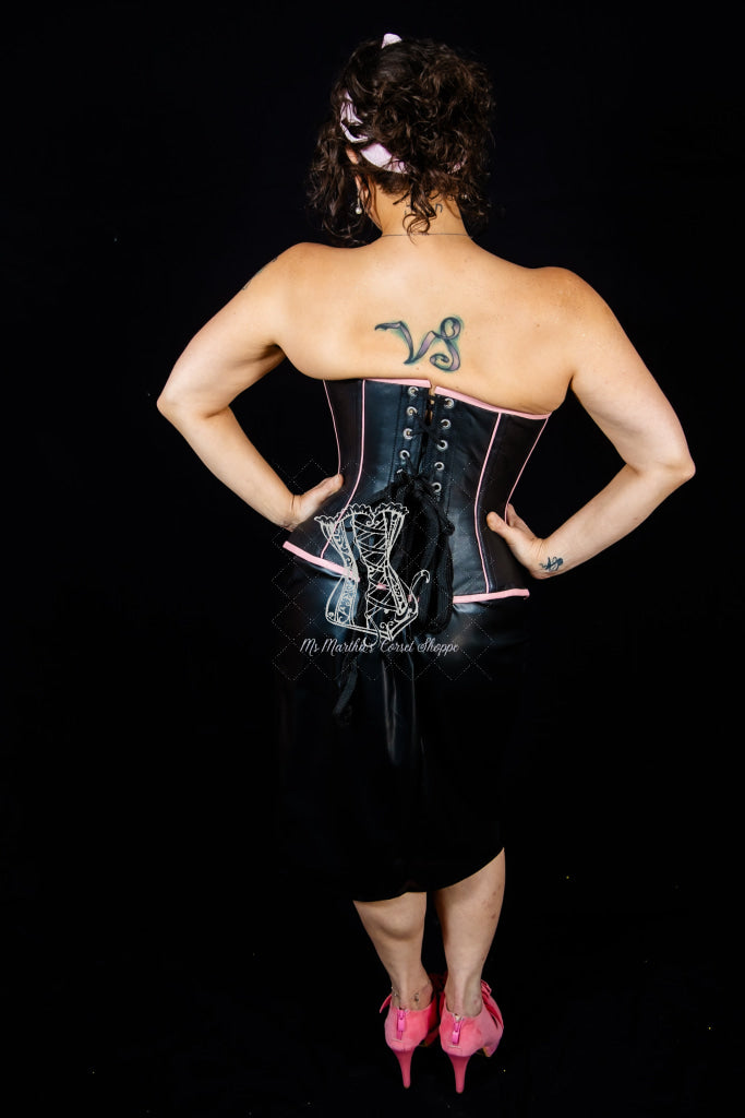 Leather Overbust Corset; Piping Series - Black with Pink Piping Overbust