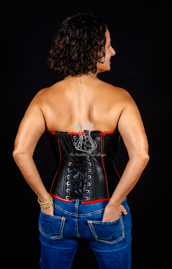 Leather Overbust Corset; Piping Series - Black with Red Piping Overbust