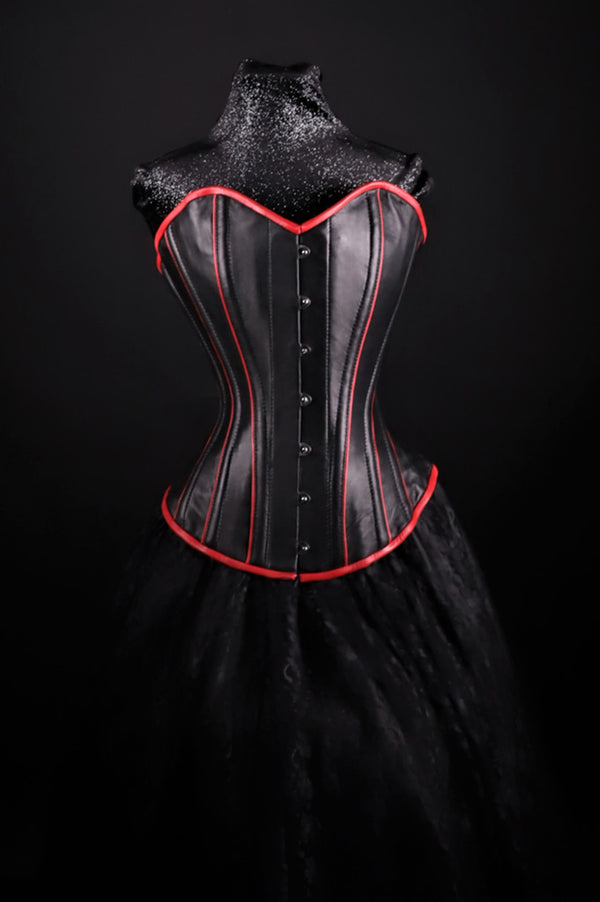 Piping Leather Corset Black W/ Red Overbust