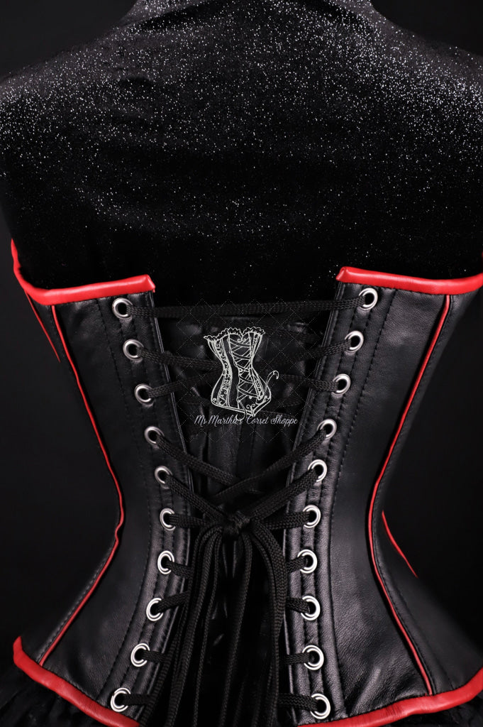 Piping Leather Corset Black W/ Red Overbust
