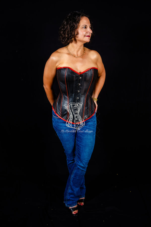 Leather Overbust Corset; Piping Series - Black with Red Piping Overbust