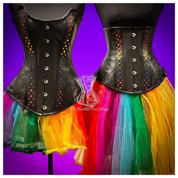 Leather Overbust Corset; Studded Rainbow Overbust