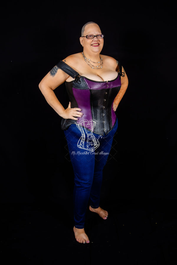 Leather Overbust Corset; Tulip in Black & Purple Overbust
