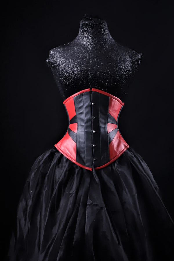 Geometric Black And Red Leather Underbust Corset