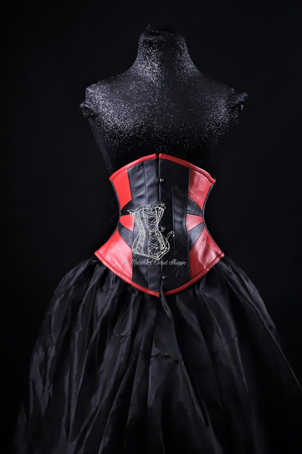 Geometric Black And Red Leather Underbust Corset