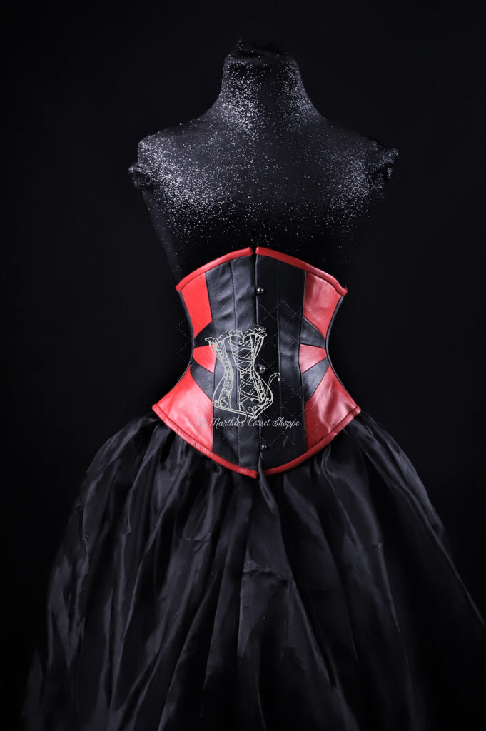 Geometric Black And Red Leather Underbust Corset