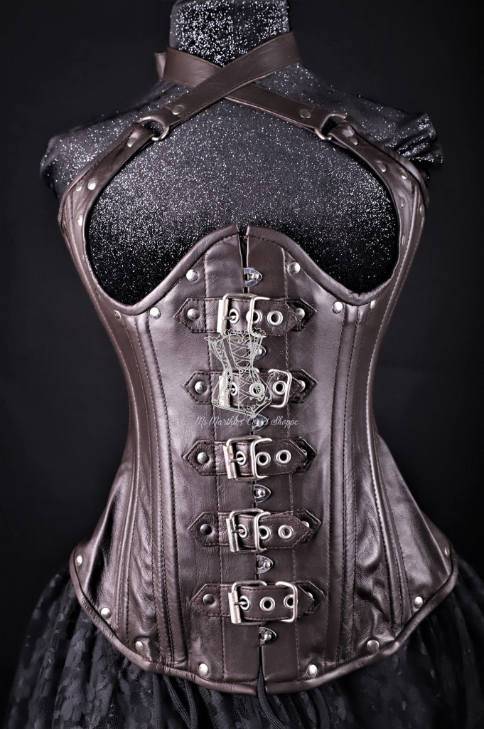Buckle Halter Brown Leather Corset Underbust