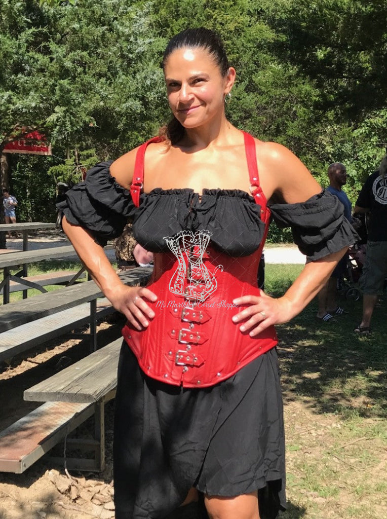 Leather Underbust Corset; Buckle Halter in Red Underbust
