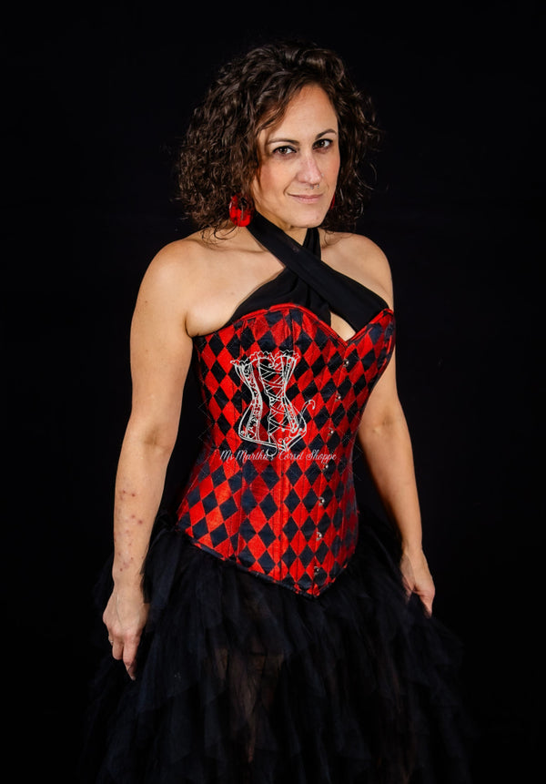 Silk Overbust Corset; Harlequin in Black & Red Overbust