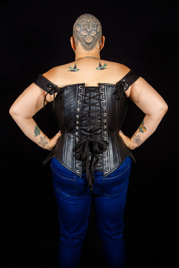 Leather Overbust Corset; Tulip in Black & Purple Overbust