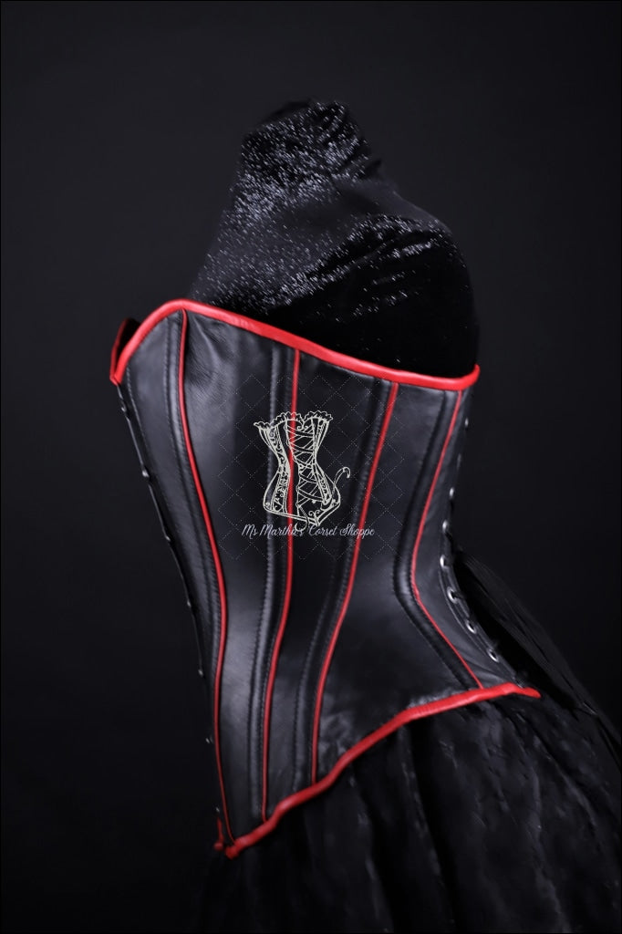 Piping Leather Corset Black W/ Red Overbust