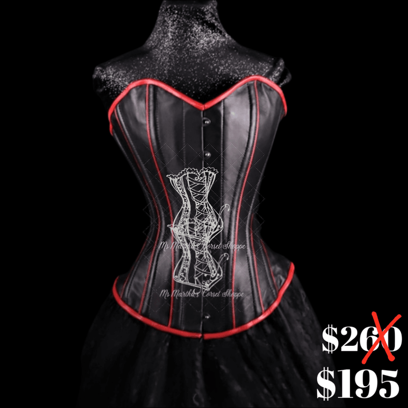 Ms. Martha Leather Overbust Corset - Black/red Piping